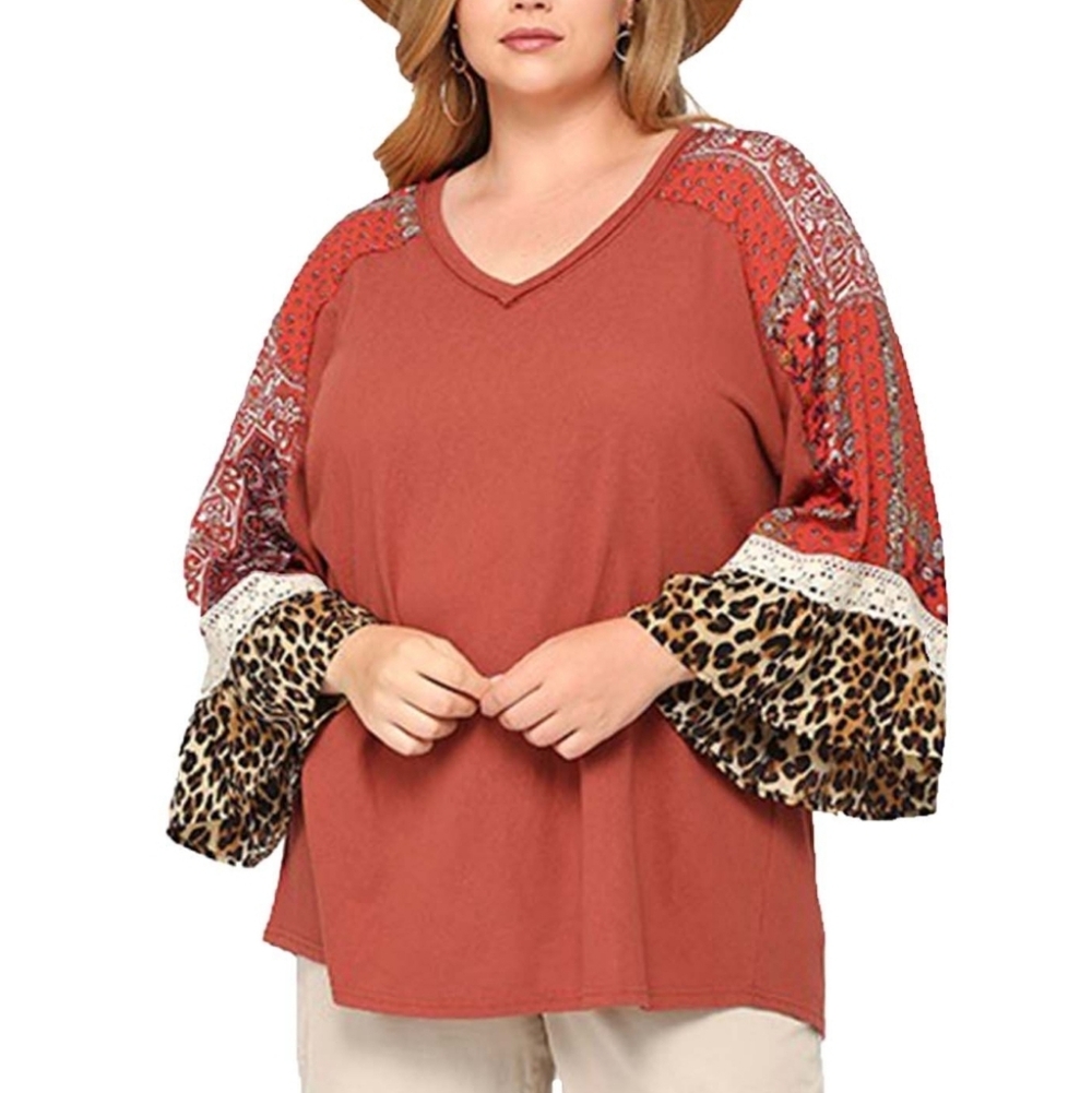 GIGIO Mixed Print Boho Bell Sleeve V-Neck Top - Medium